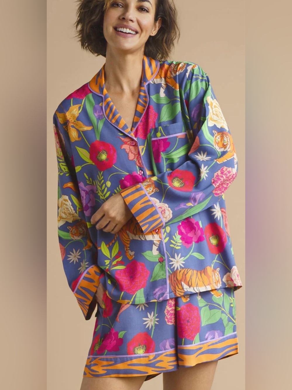Powder UK Floral Tiger Supersoft Design Floral Tiger Indigo Supersoft Pjs - SM
